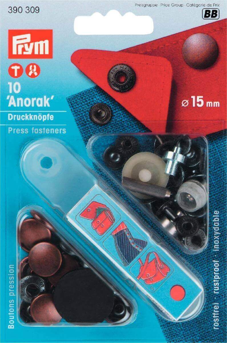 390309, Prym 15mm Anorak poppa fasteners in with tool card · Wholesale