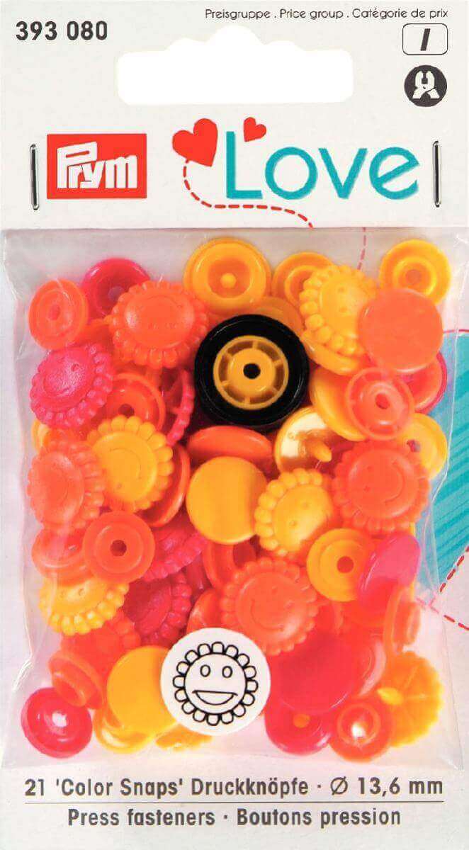393080, Prym 12mm smiley face plastic snaps, yelloworangered mix3