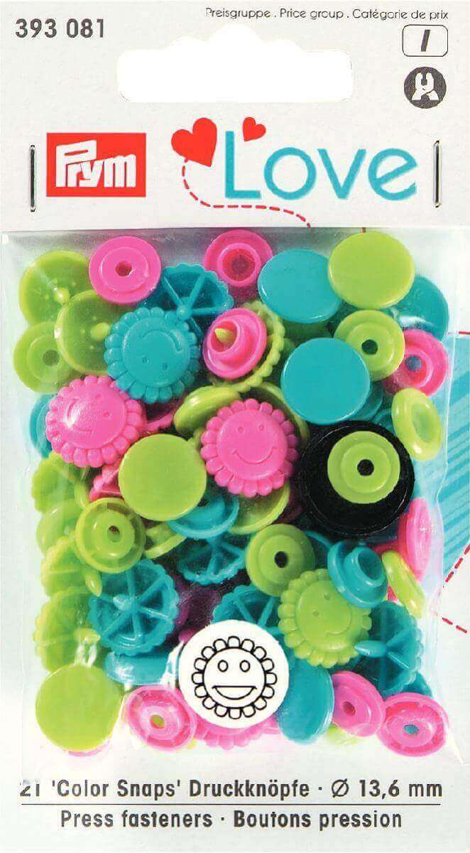 393081, Prym 12mm smiley face plastic snaps, pinkgreenturq mix3