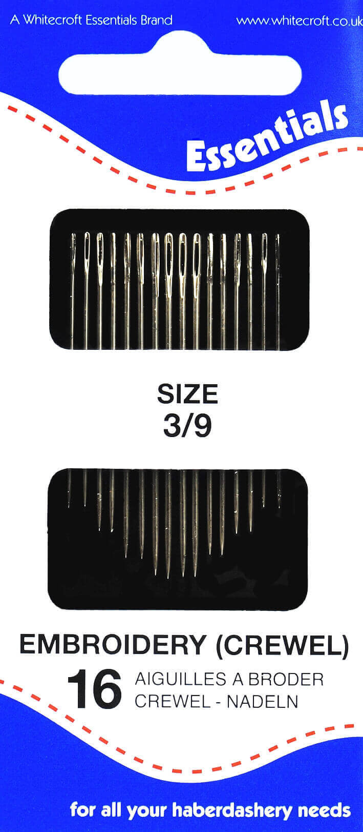 EMB39, Whitecroft embroidery needles sizes 39's 10 cards